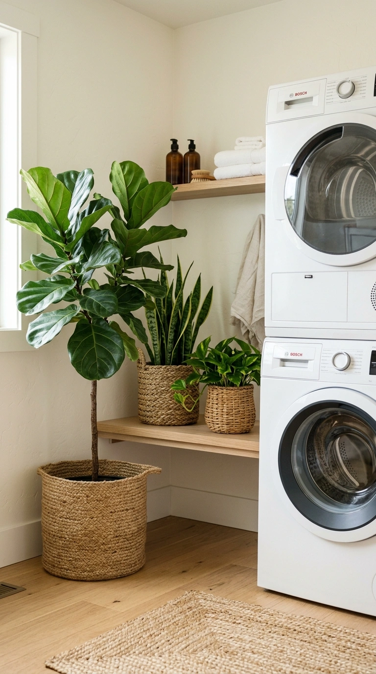 27 Laundry Room Ideas From Tiny Spaces to Spacious Setups 28 006 Fresh Plant Corner A corner of a laundry room styl
