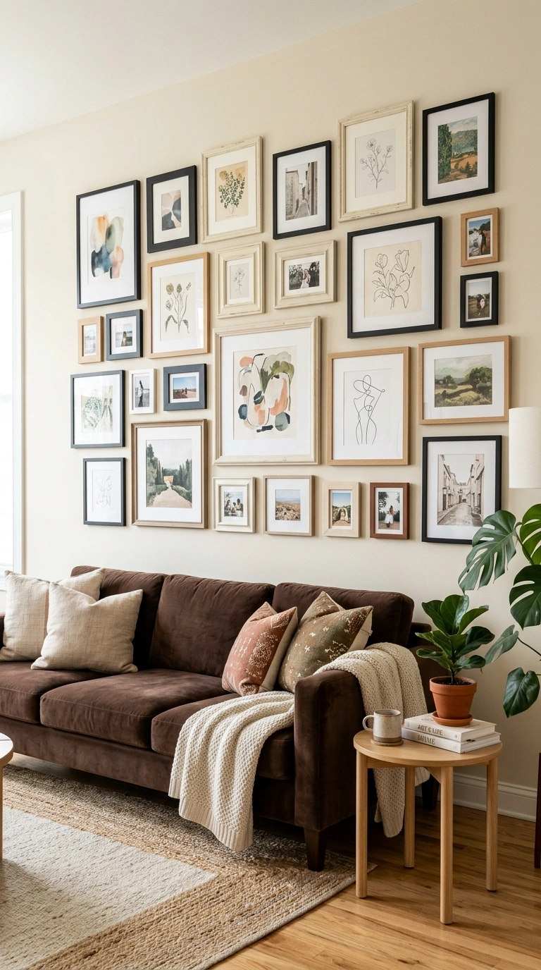 006 Gallery Wall Frames A living room with a chocolate