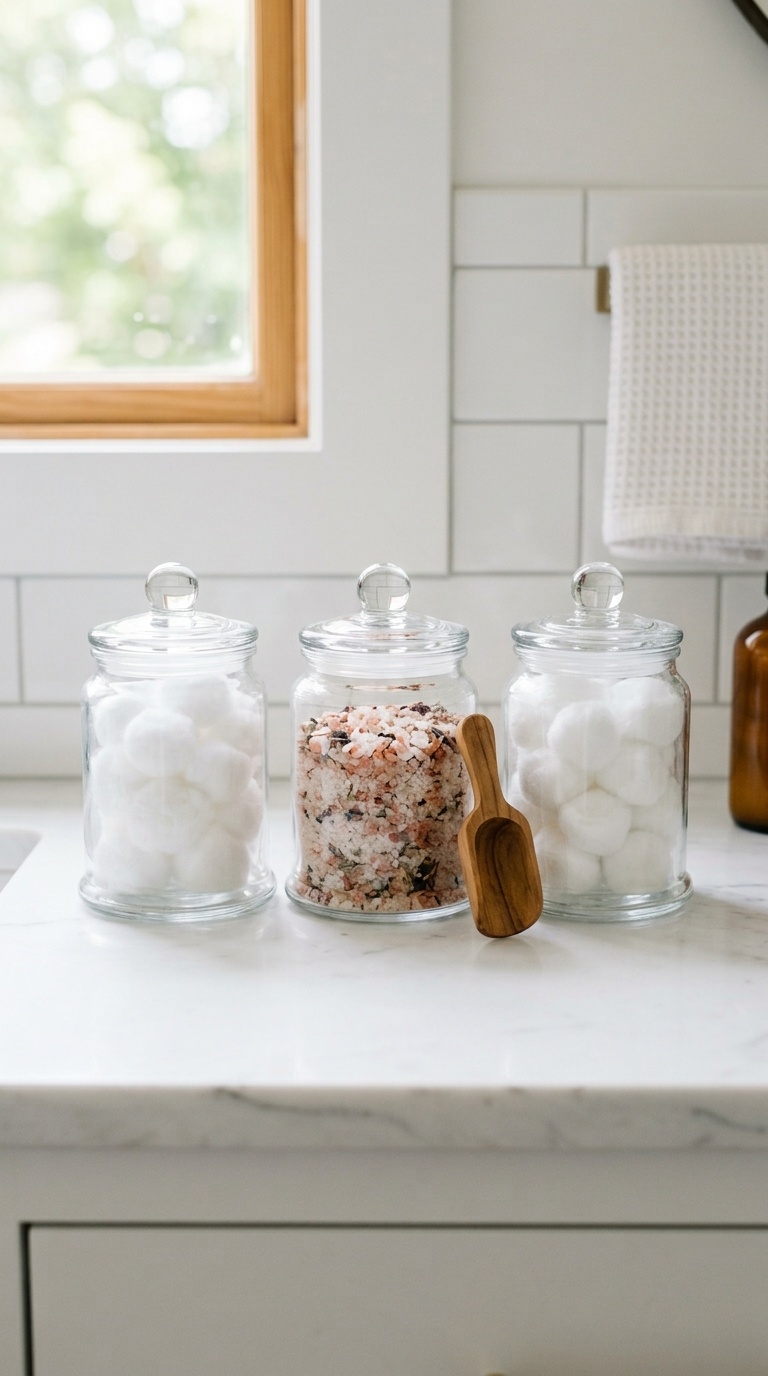 25 Bathroom Decor Ideas to Transform Your Space on a Budget 7 006 Glass Jar Organizers Three matching clear glass ap