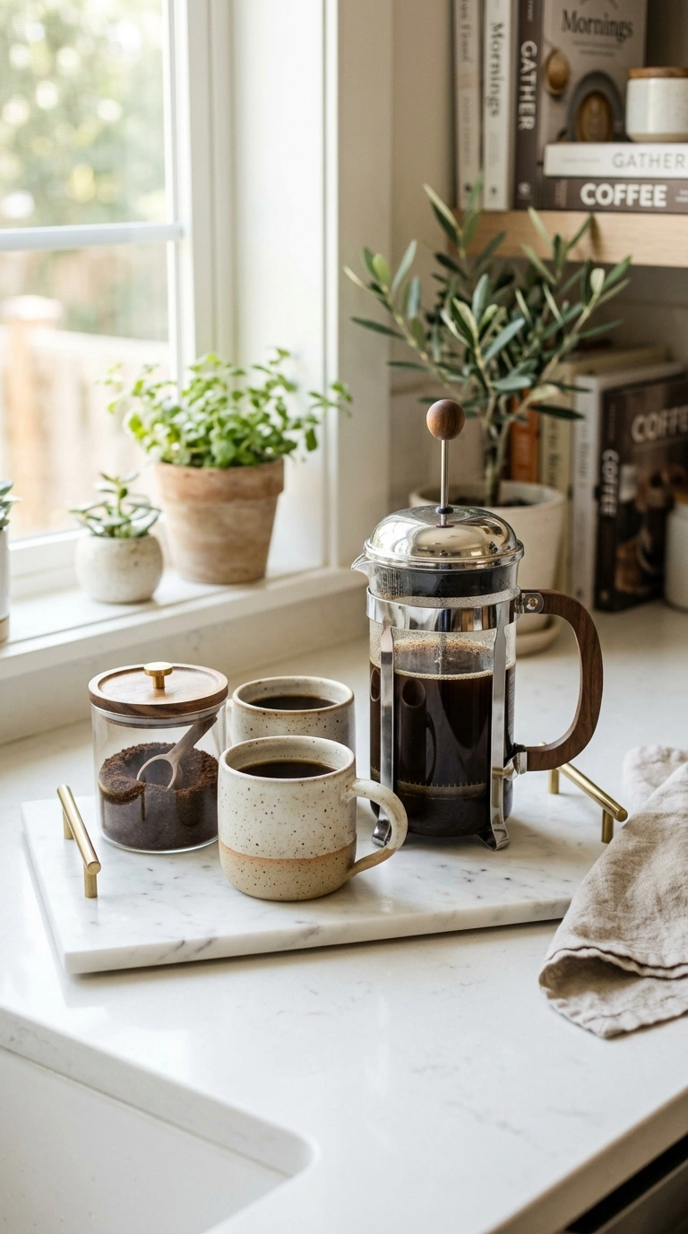 19 Coffee Station Setups That Bring Café Vibes Home 7 006 Marble Tray Display A kitchen counter with a white