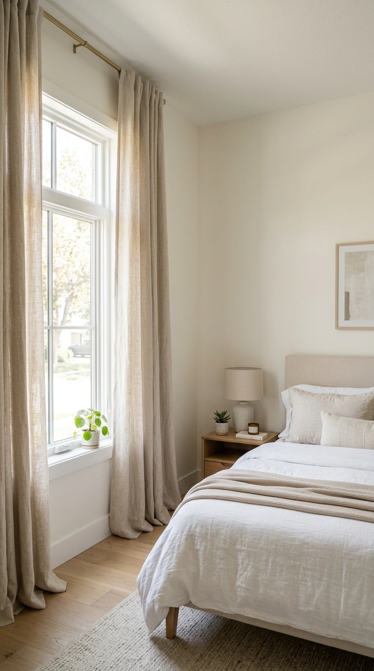 006 New Curtain Panels A bedroom window with long ligh