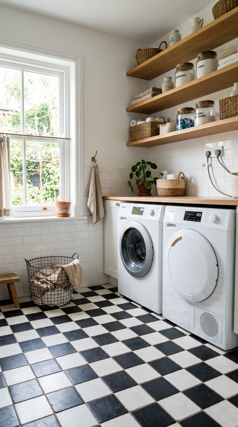 27 Laundry Room Ideas From Tiny Spaces to Spacious Setups 7 006 Patterned Tile Floor A laundry room with a black a