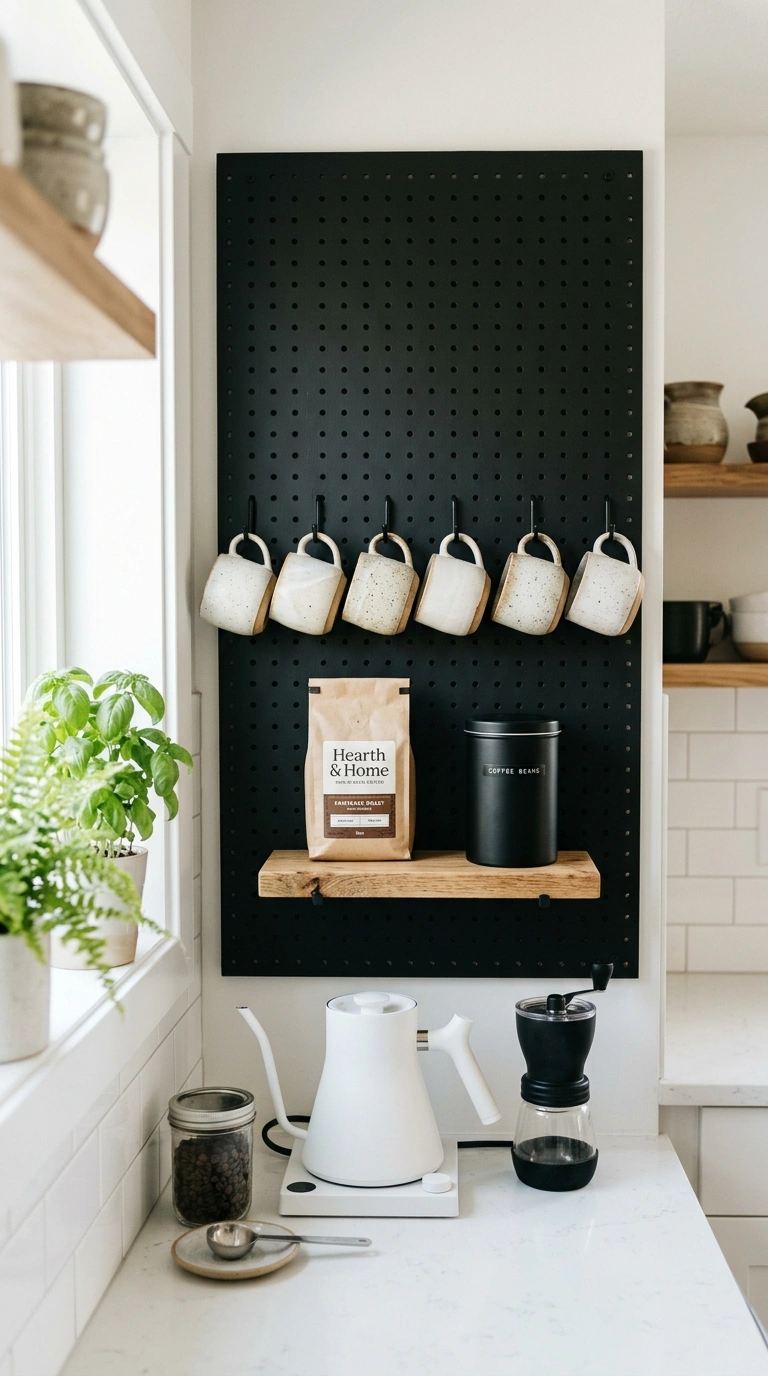 Turn a Small Corner Into a Coffee Bar With These 19 DIY Ideas 7 006 Pegboard Coffee Wall A black painted pegboard moun