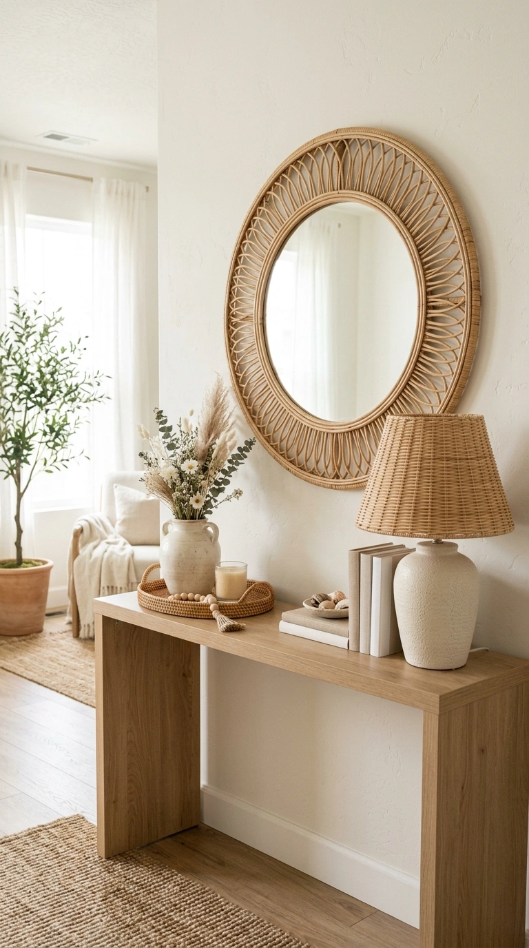 25 Seasonal Decor Ideas to Keep Your Home Feeling Fresh All Year 7 006 Rattan Summer Accents A living room console table