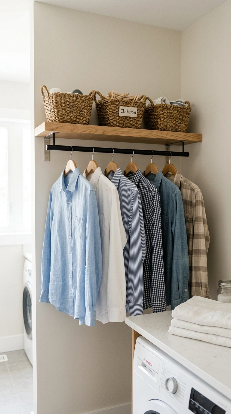006 Shelves With Hanging Rod A wood shelf with a hangi