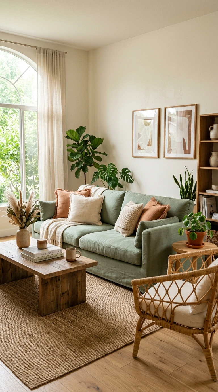 19 Stylish Living Room Ideas for a Home That Feels Put Together 7 006 Soft Sage Sofa A living room with a sage green sof