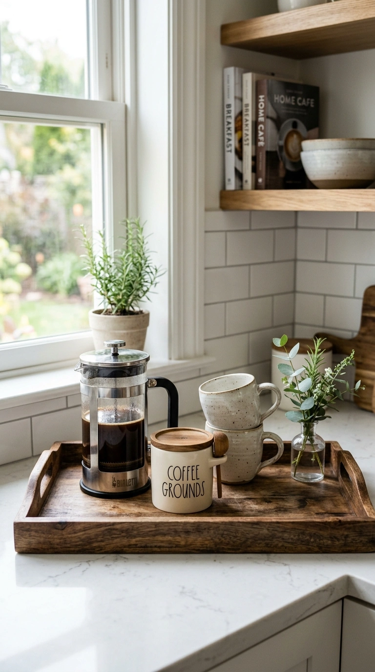 006 Tray Styled Counter Corner A large wood tray on a