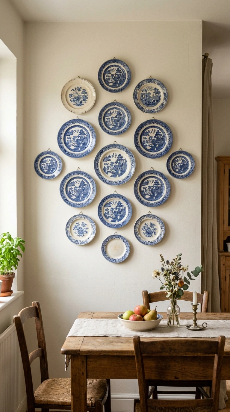 006 Vintage Plate Display A kitchen wall near a dining