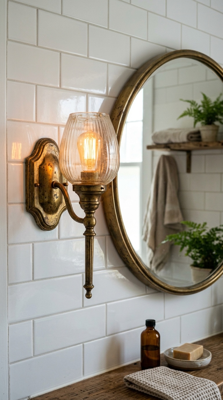 23 Small Bathroom Wall Decor Ideas That Make a Big Impact 7 006 Vintage Wall Sconce A brass vintage wall sconce wi