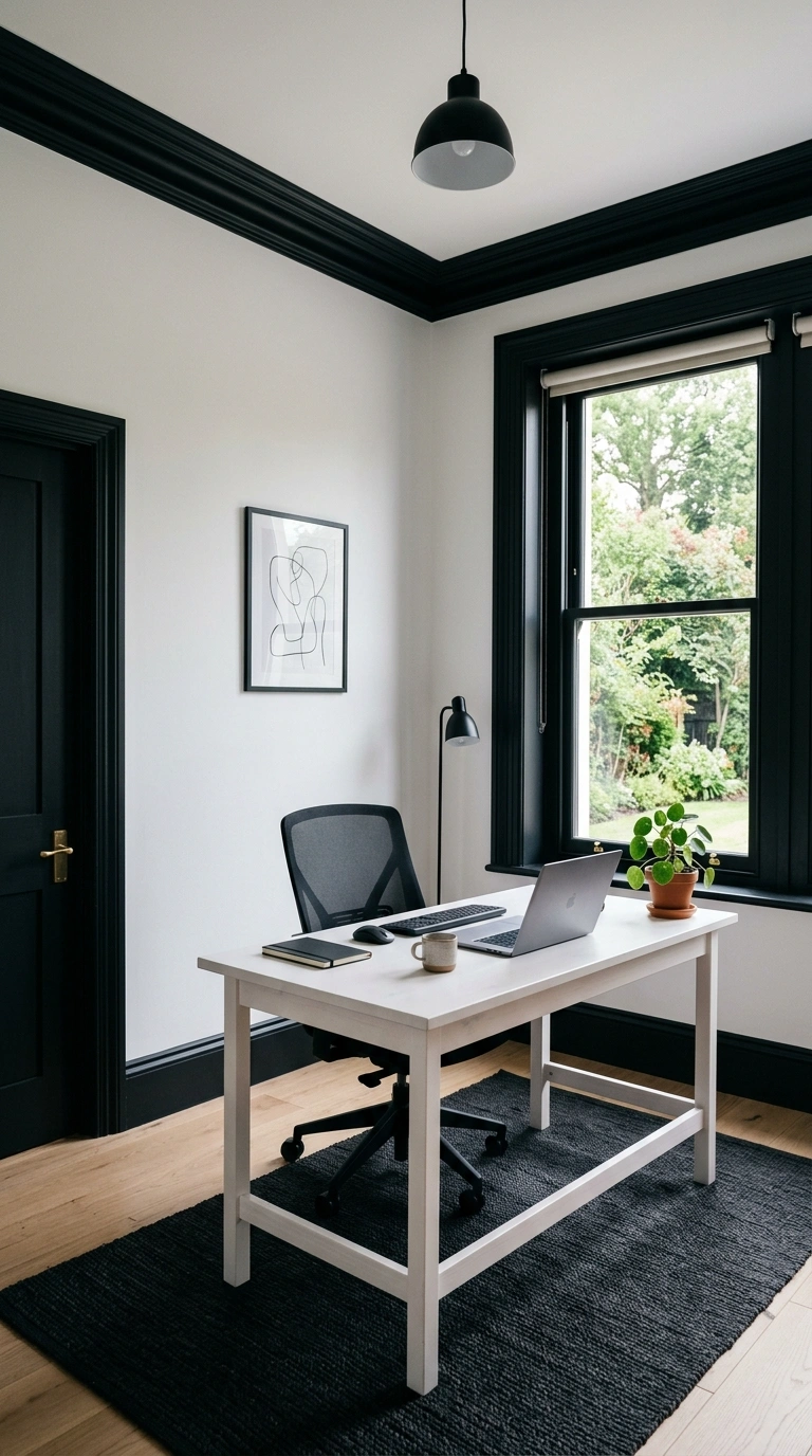 006 White Walls Black Trim A home office with white wa