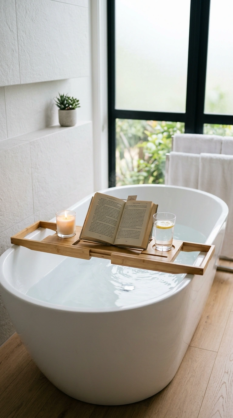 006 Wooden Bath Tray A white freestanding bathtub with