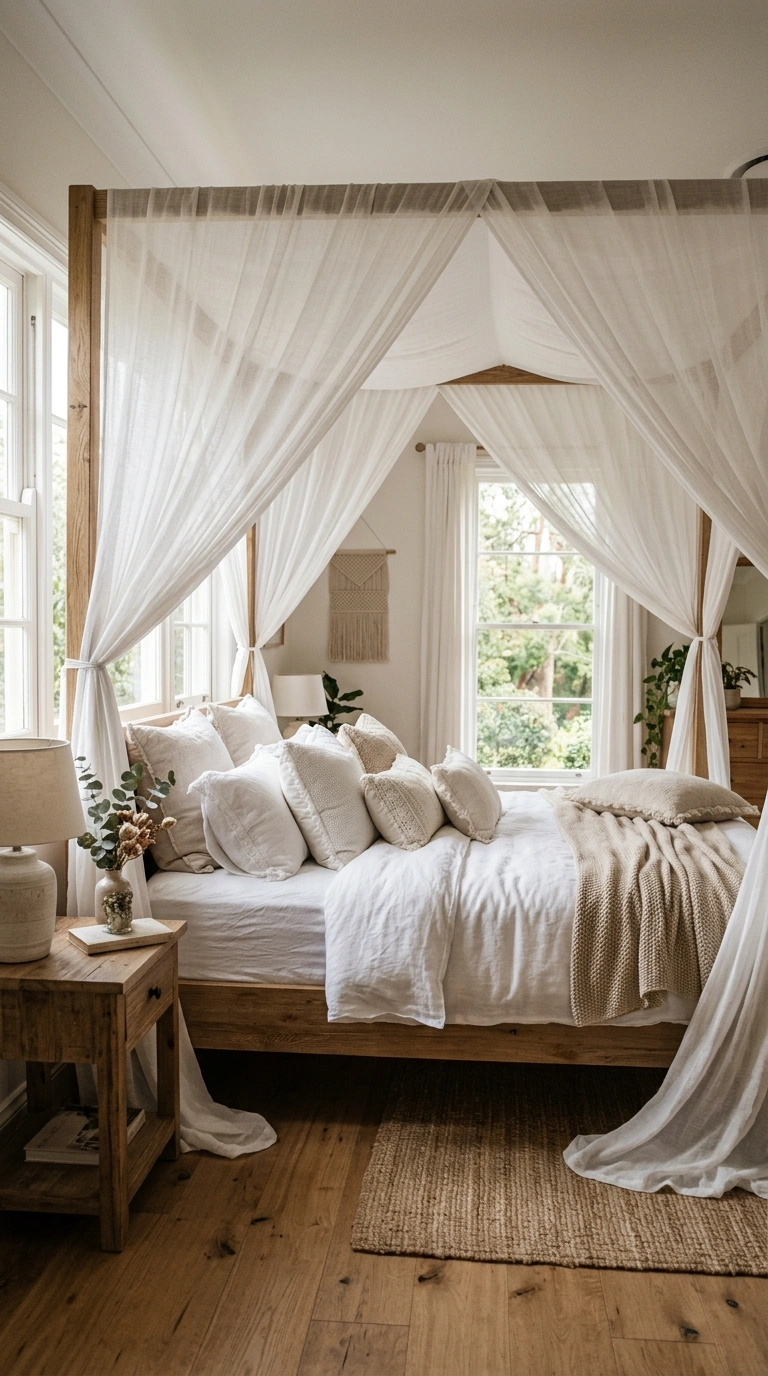 22 Bedroom Decor Ideas That Make Your Space Feel More Luxurious 8 007 Canopy Bed Drapes A bedroom with sheer white fabri