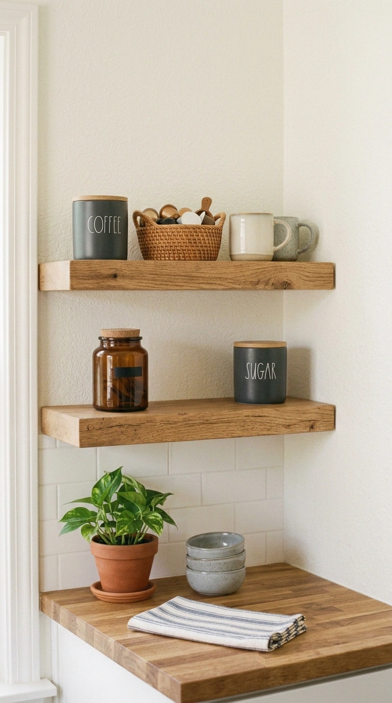 007 Floating Shelves With Baskets Two close set floati