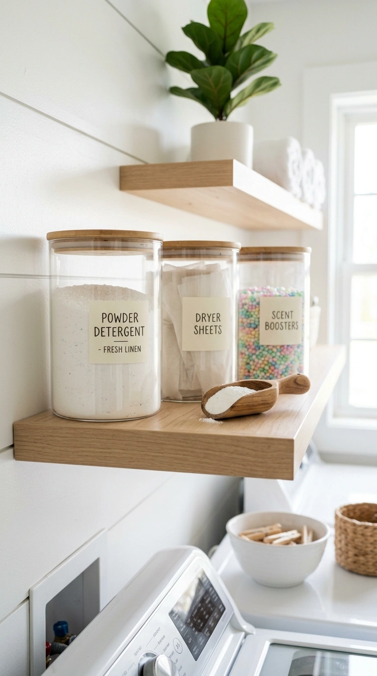 007 Glass Jar Shelf Station An open laundry room shelf