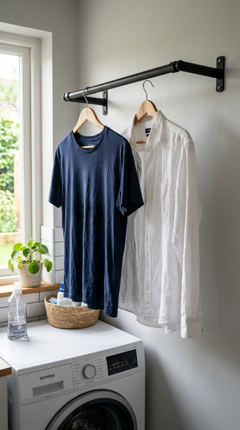 27 Laundry Room Ideas From Tiny Spaces to Spacious Setups 8 007 Hanging Drying Rod A black metal drying rod mounte