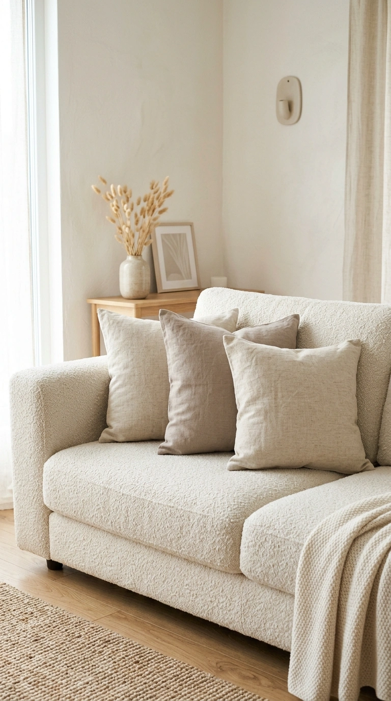 007 Linen Throw Pillows A cream boucle sofa styled wit