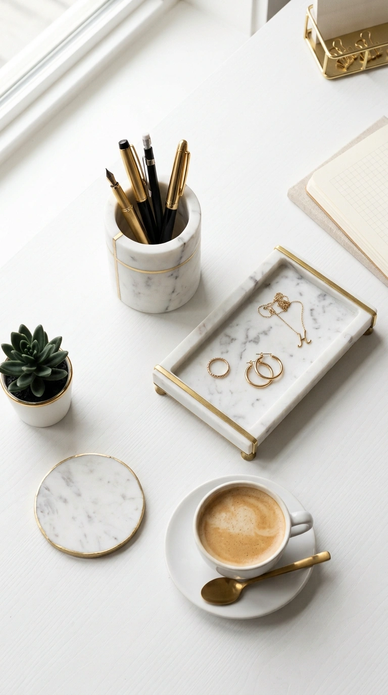 25 Office Decor Ideas for Women That Feel Stylish and Personal 8 007 Marble Desk Accessories A flat lay view of a white