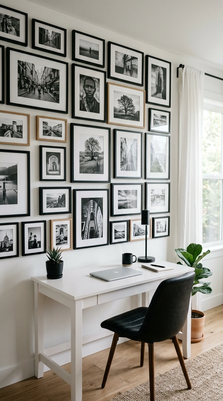 007 Monochrome Gallery Wall A home office with a galle