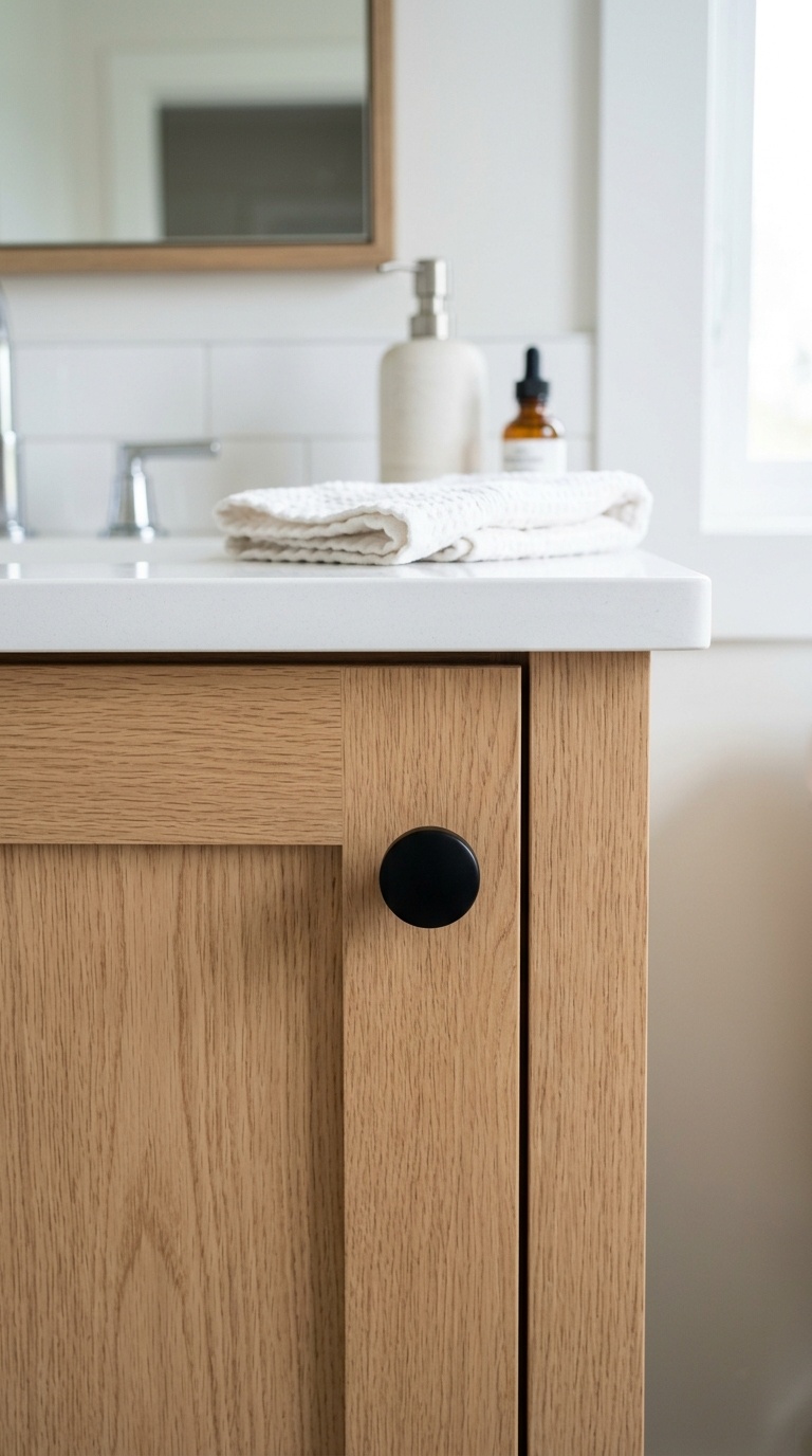 25 Bathroom Decor Ideas to Transform Your Space on a Budget 8 007 New Cabinet Knobs Close up of a light wood bathroo