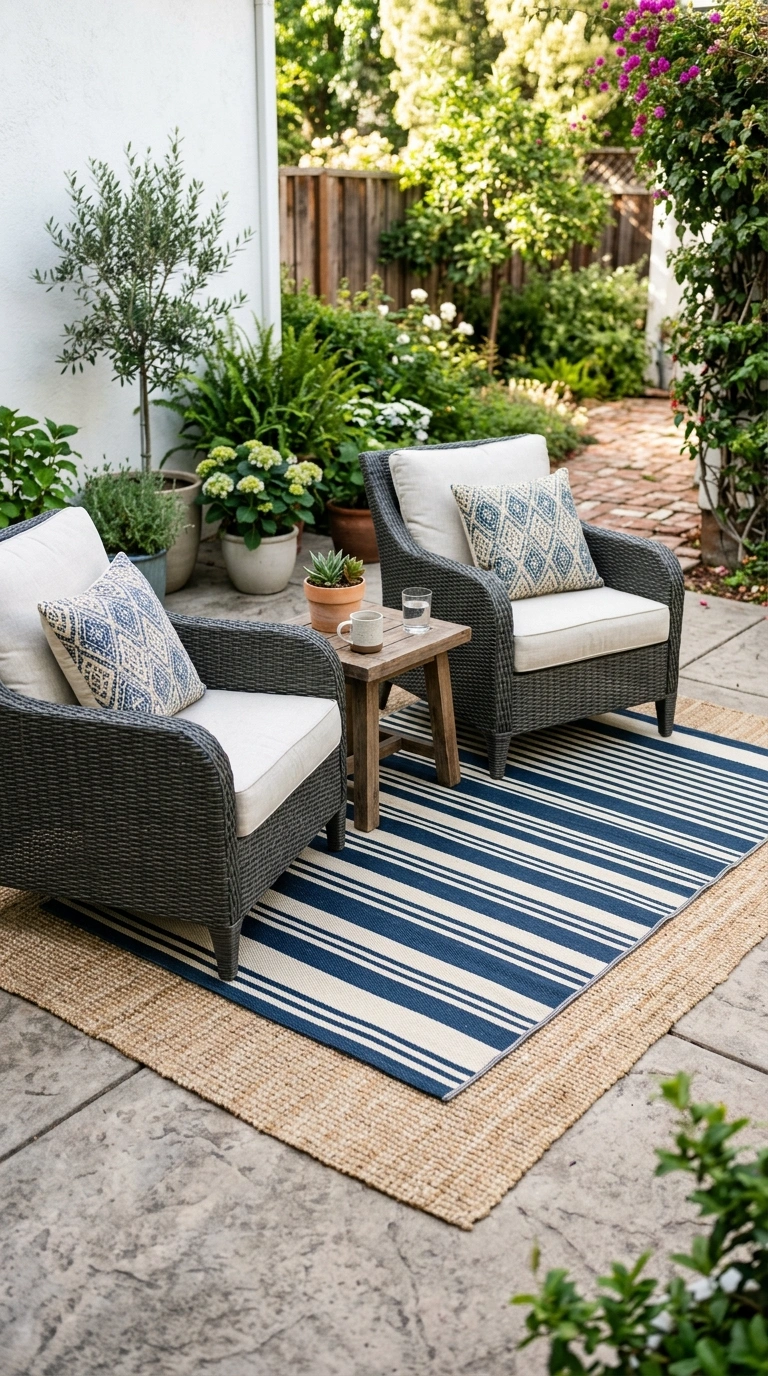 26 Outdoor Decorating Ideas for a Calm and Comfortable Backyard 8 007 Outdoor Rug Layering A patio seating area with a s