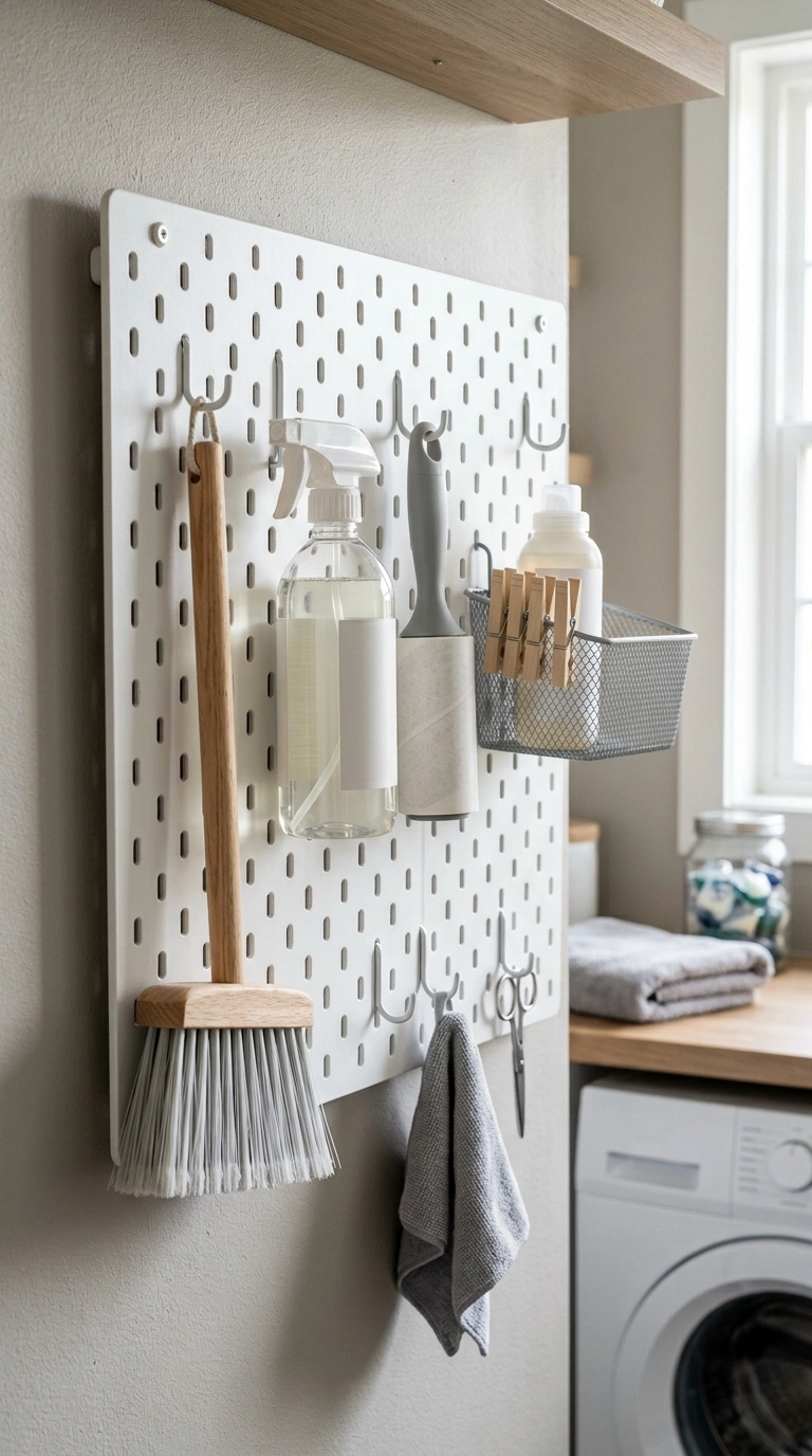 20 Laundry Room Ideas for Smarter Storage and Easier Laundry Days 8 007 Pegboard Tool Wall A white painted pegboard on a l