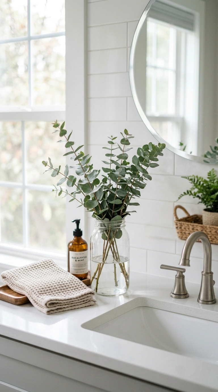21 Affordable Bathroom Decor Ideas With Plenty of Style 8 007 Potted Eucalyptus Stems A bathroom countertop with