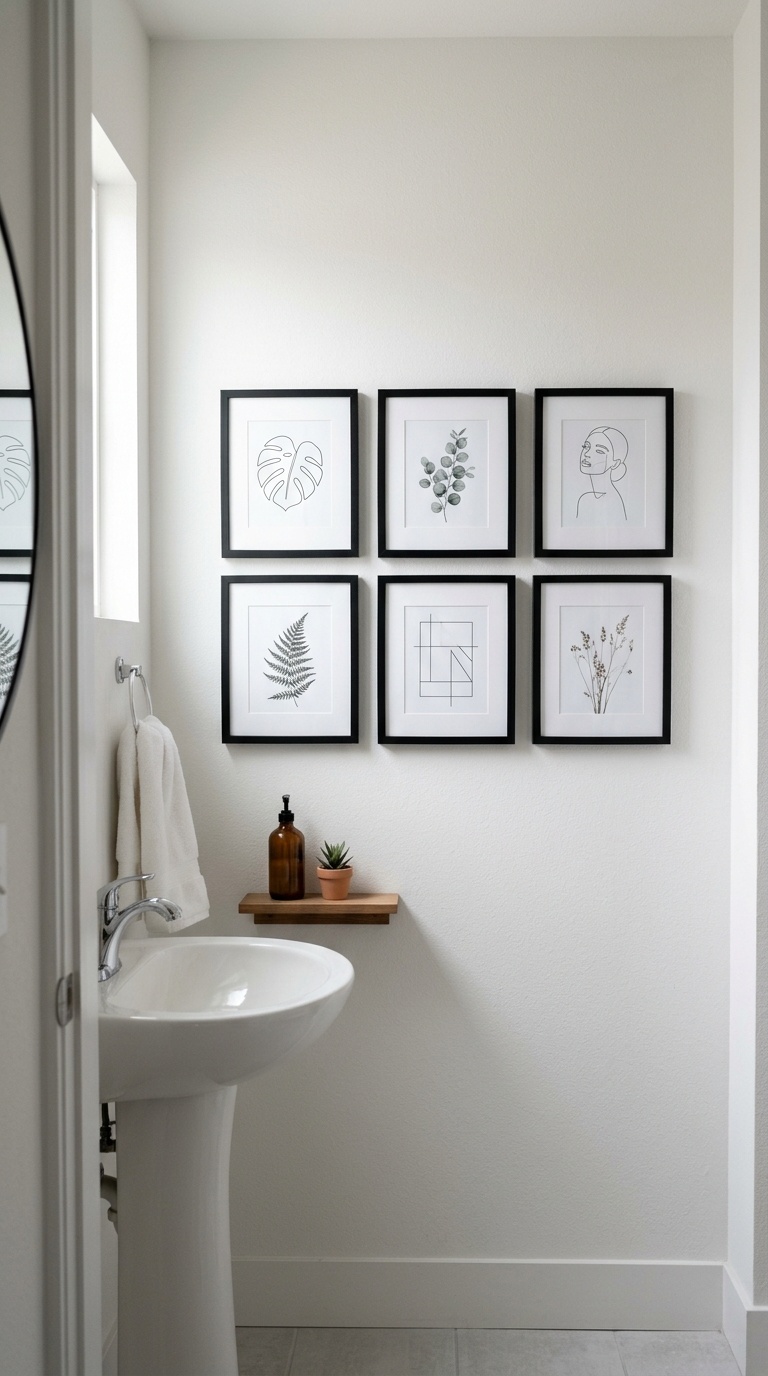 23 Small Bathroom Wall Decor Ideas That Make a Big Impact 8 007 Small Gallery Grid A tight grid of six identical s