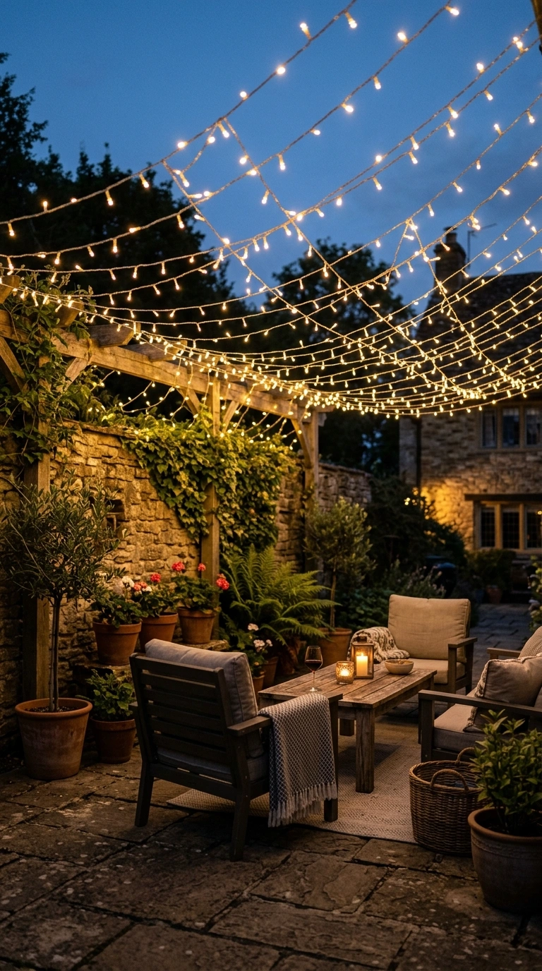 19 Patio Trends to Watch If You Love Outdoor Living 8 007 String Light Canopy An evening patio scene with a