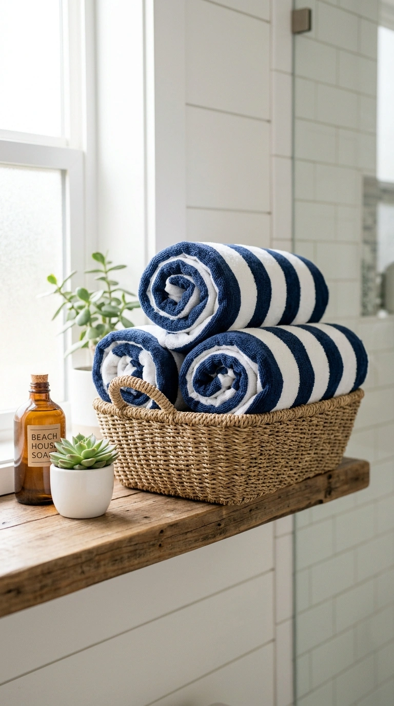 25 Seasonal Decor Ideas to Keep Your Home Feeling Fresh All Year 8 007 Striped Beach Towels Display A bathroom shelf with