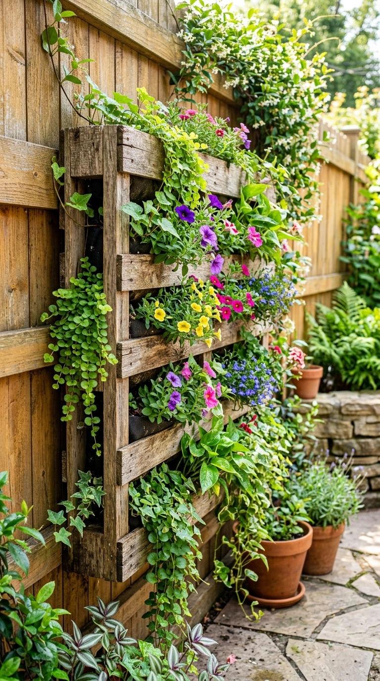 007 Vertical Pallet Garden A sunny fence wall with an