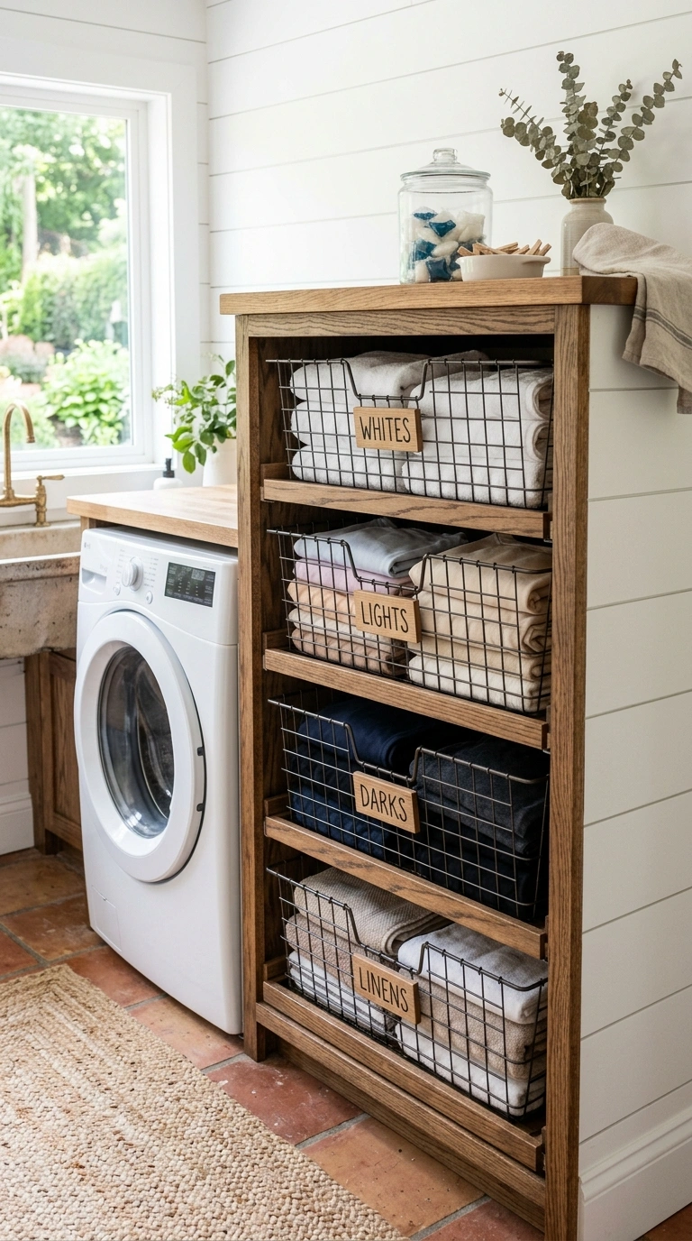 007 Wire Basket Storage A farmhouse laundry room with