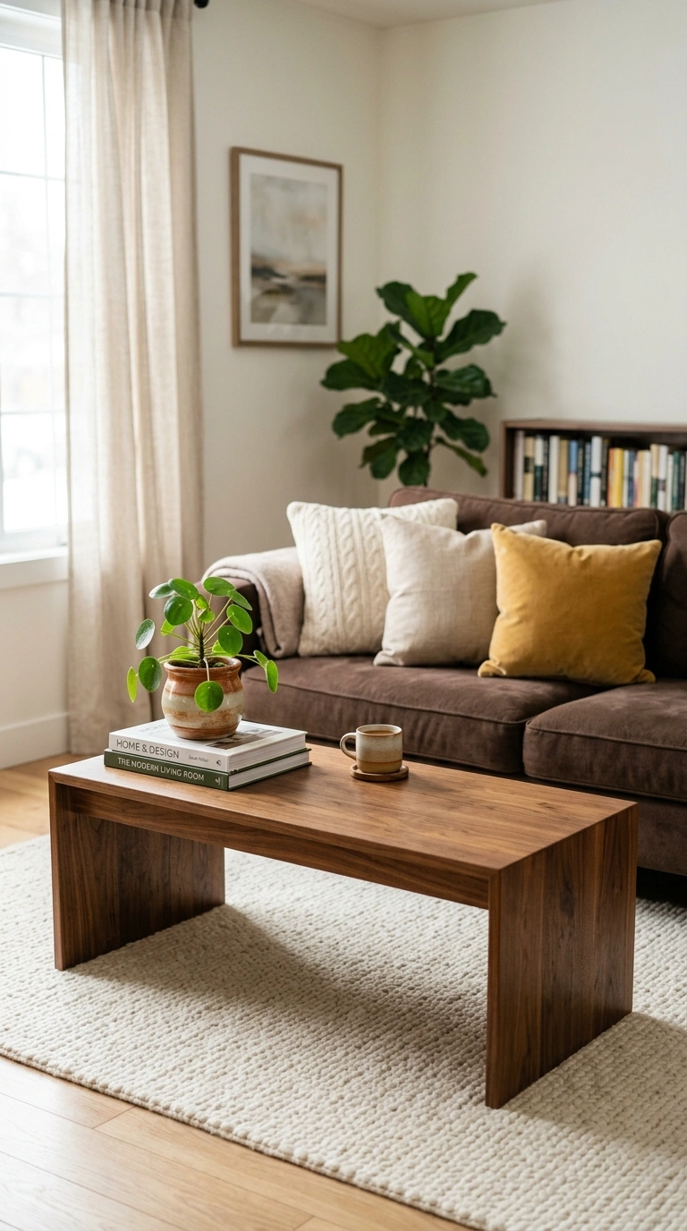 007 Wood Coffee Table A living room with a chocolate b