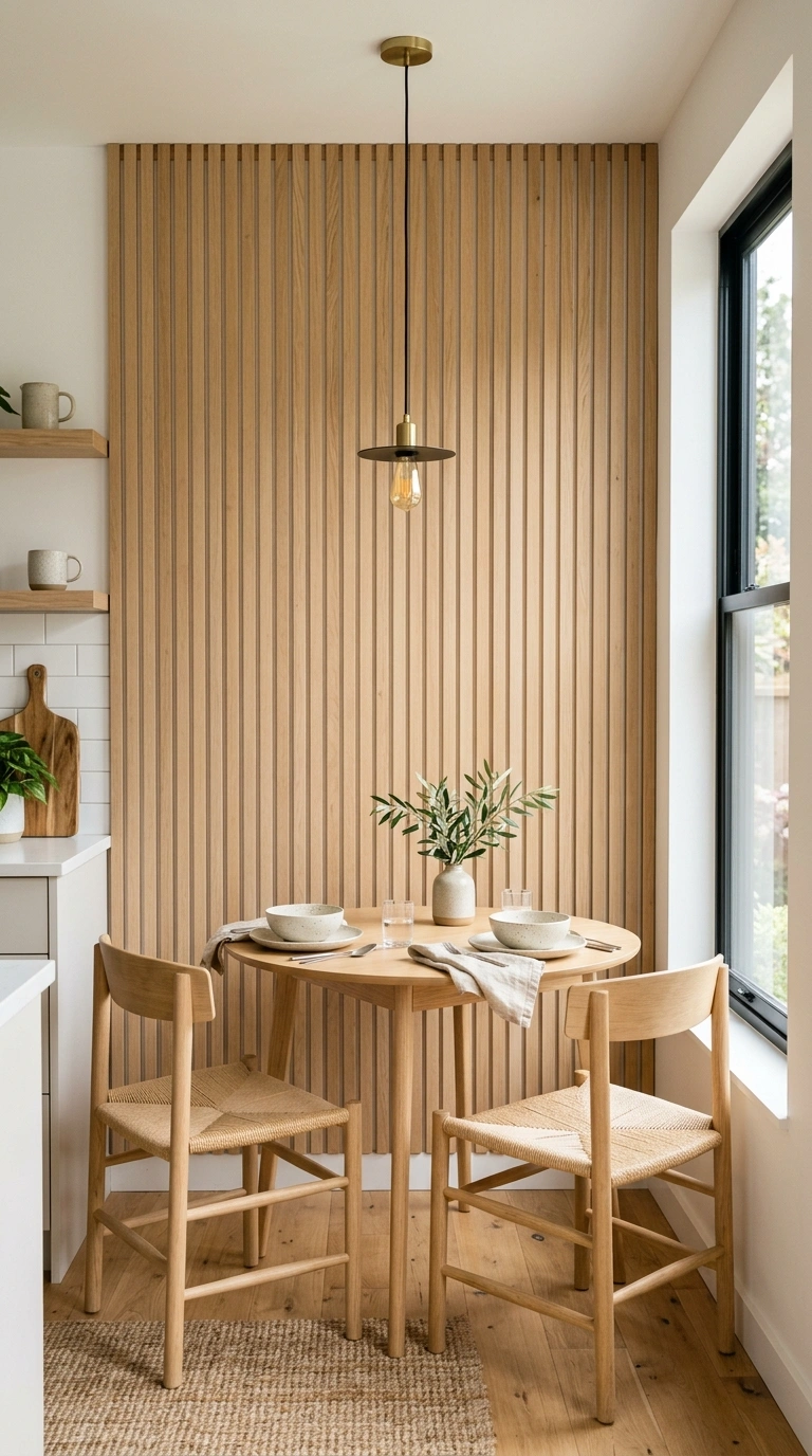 007 Wood Slat Wall A kitchen dining nook with a light