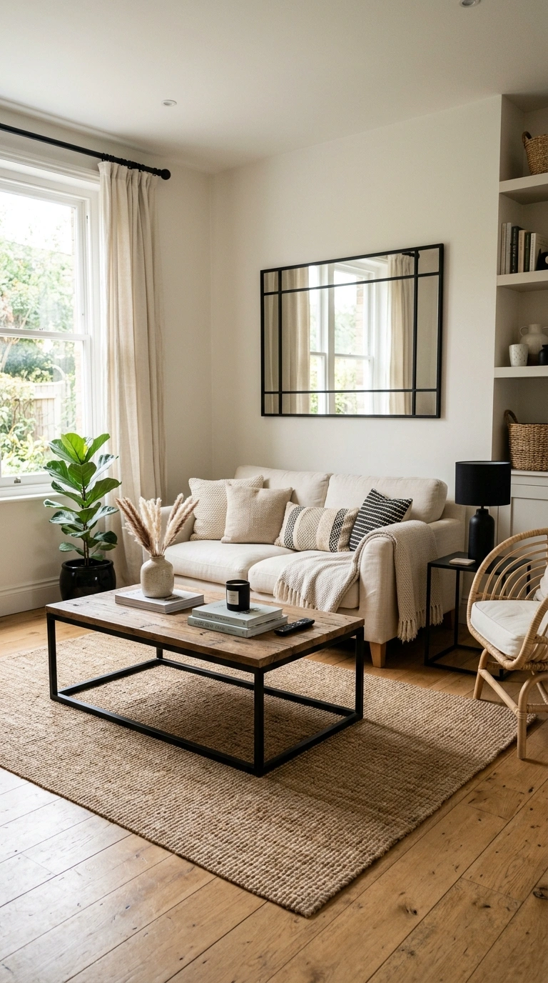 19 Stylish Living Room Ideas for a Home That Feels Put Together 9 008 Black Accent Furniture A neutral living room with