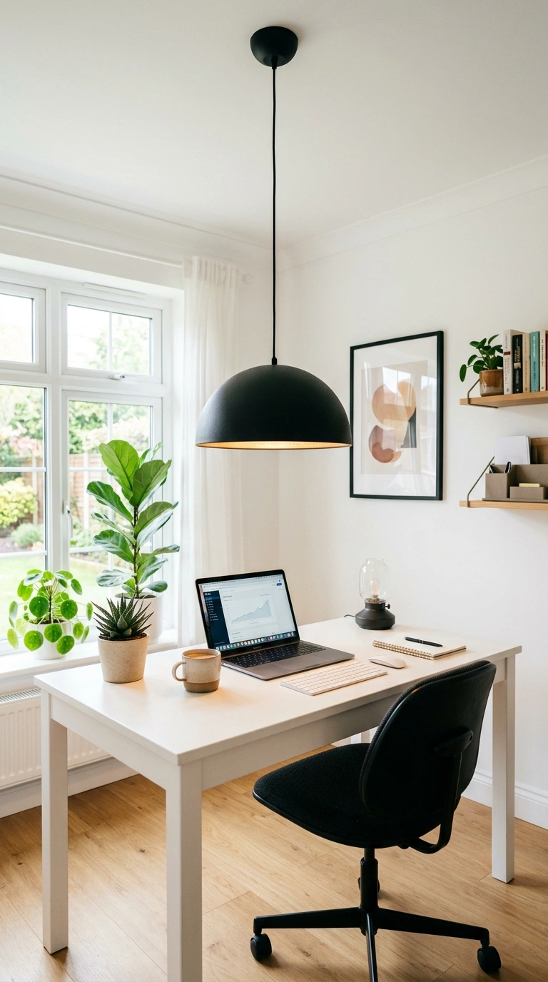 008 Black Pendant Light A home office with a matte bla
