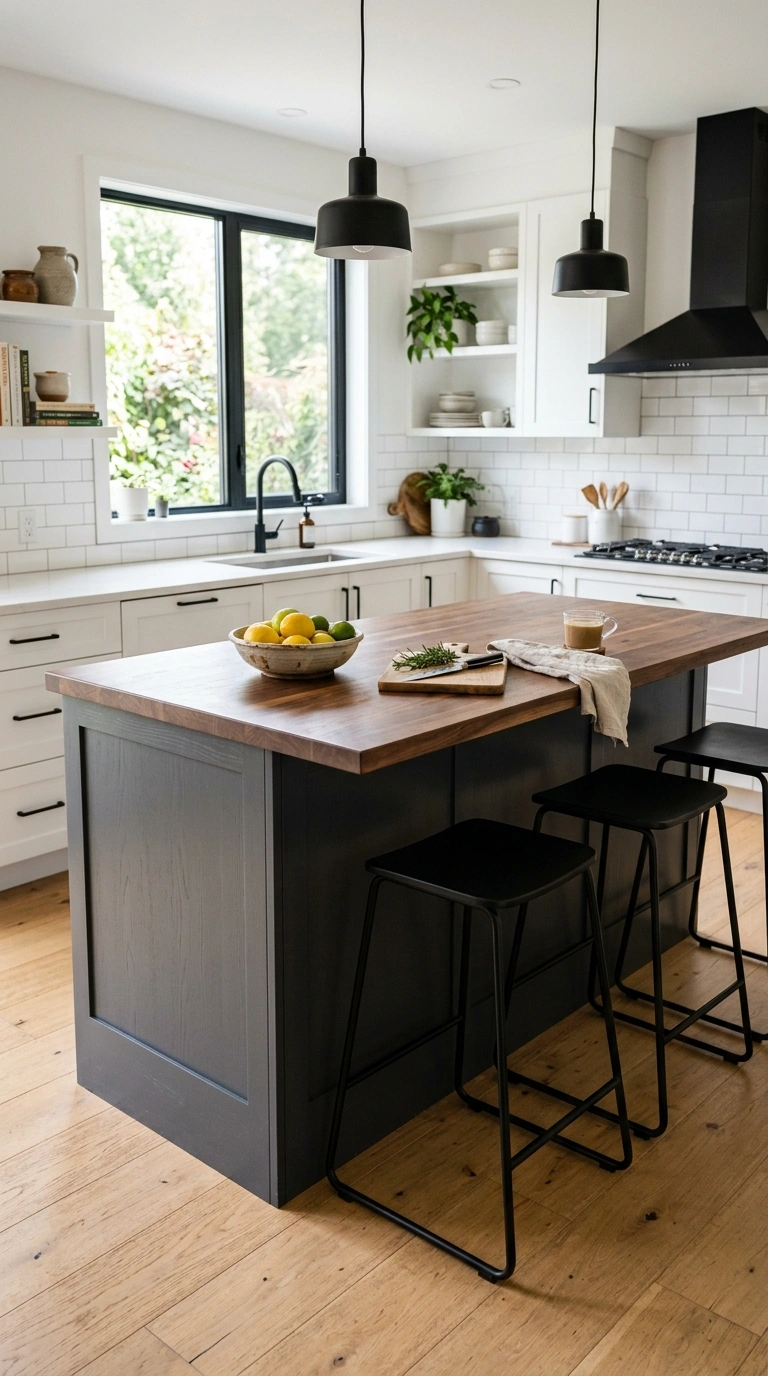 008 Charcoal Gray Island A white kitchen with a charco