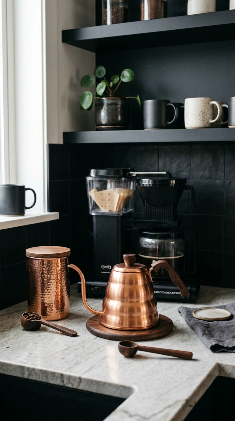 008 Copper Accent Details A kitchen counter coffee sta