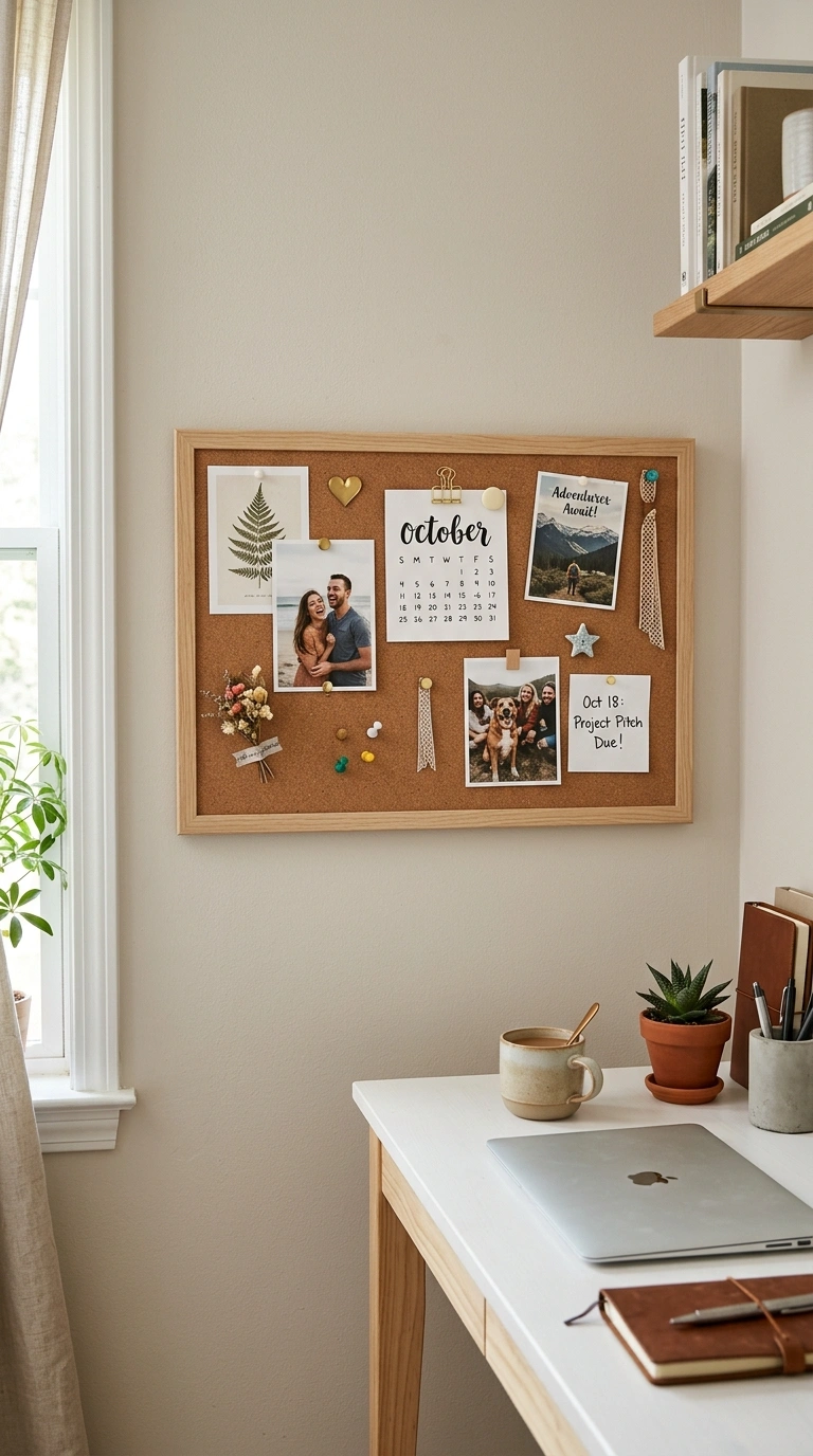 25 Office Decor Ideas for Women That Feel Stylish and Personal 9 008 Cork Bulletin Board A home office wall with a wood