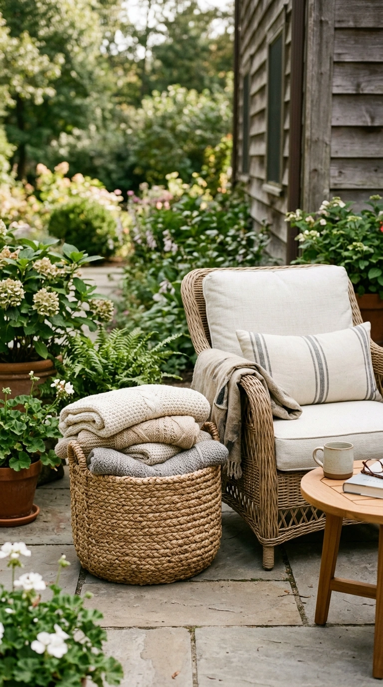 008 Cozy Blanket Basket A woven basket filled with fol