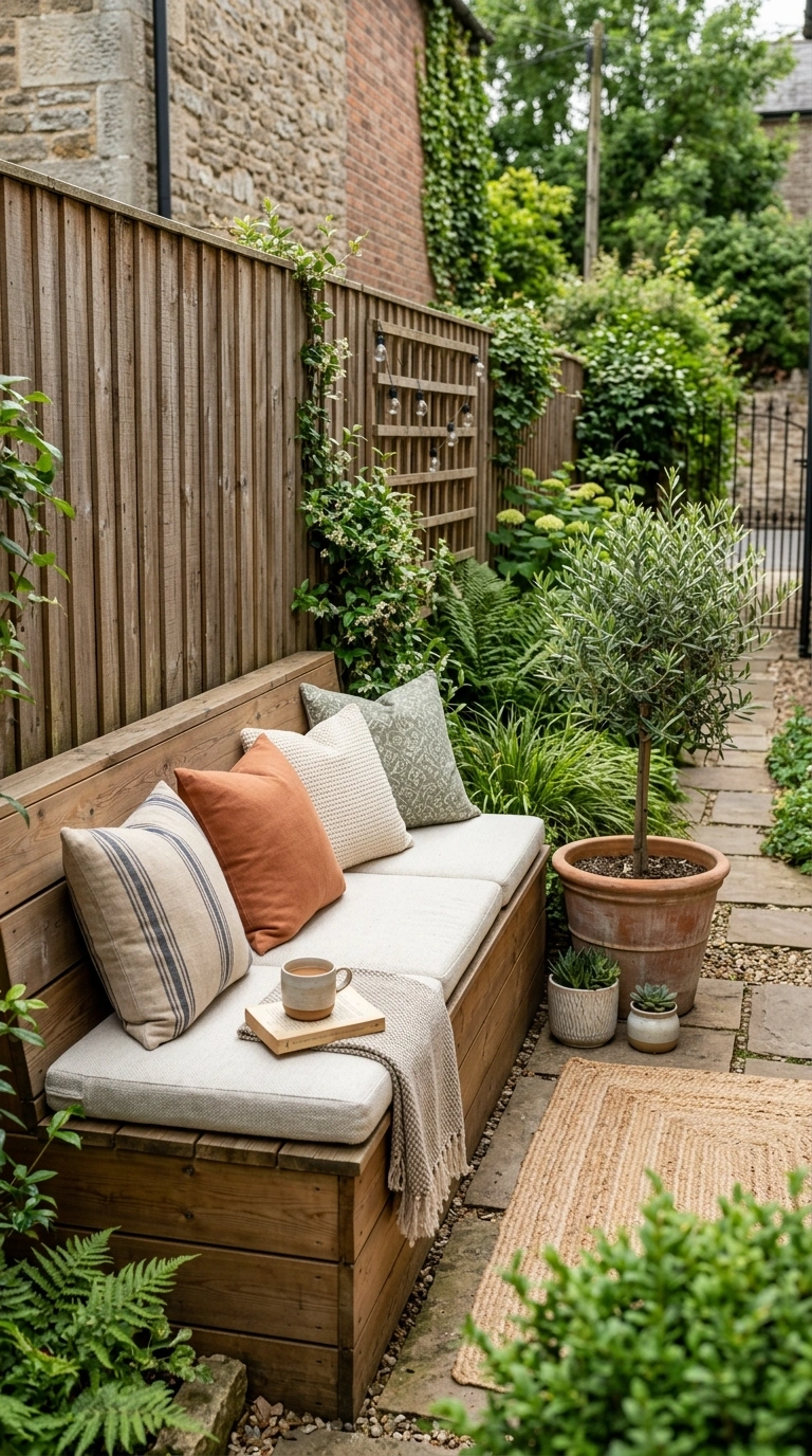 26 Outdoor Decorating Ideas for a Calm and Comfortable Backyard 9 008 Cushioned Bench Seating A narrow patio with a buil