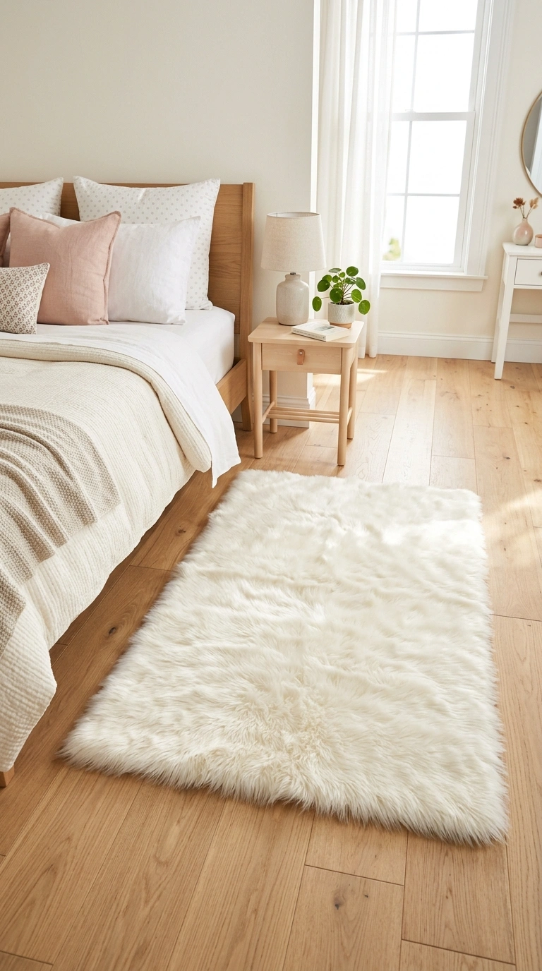 21 Bedroom Ideas for Women in Their 20s With Stylish Personality 9 008 Faux Fur Rug A bedroom floor with a soft ivory fau