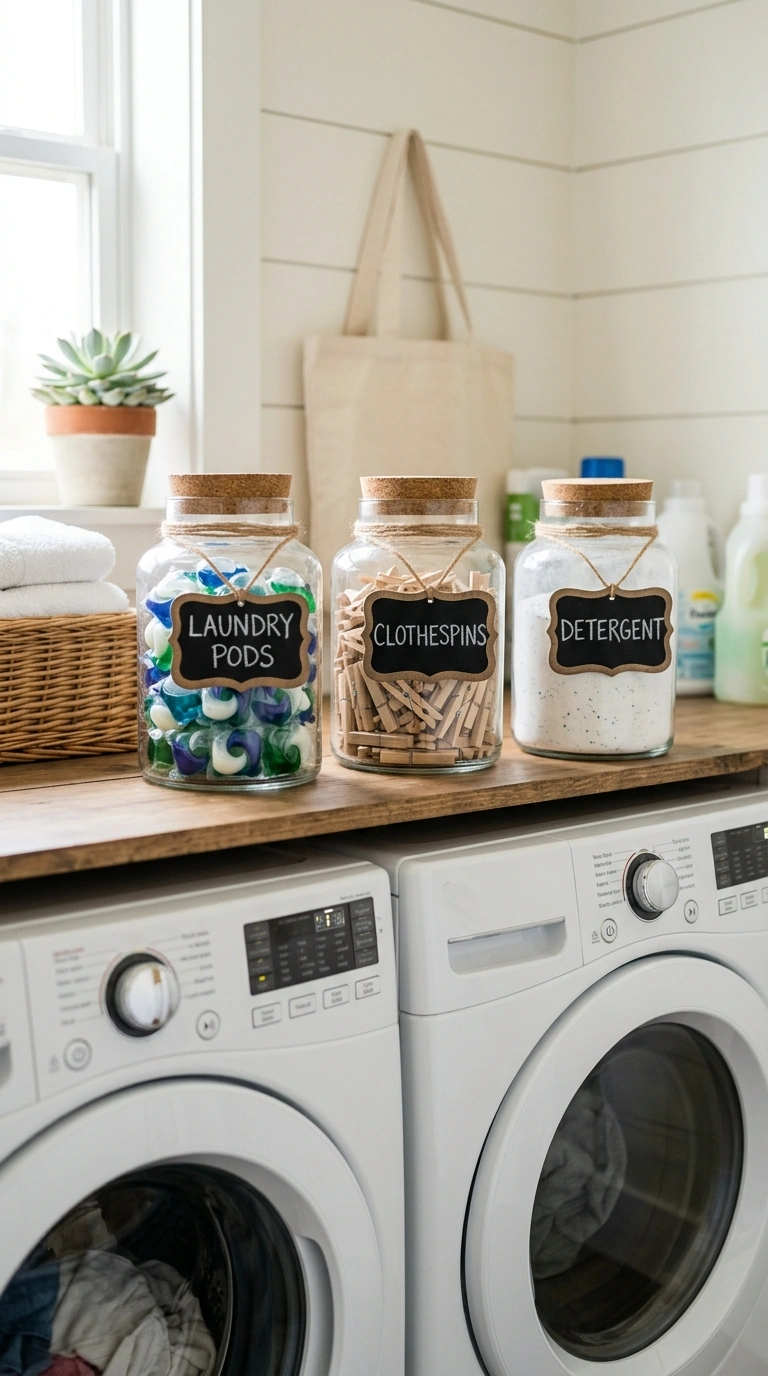 27 Laundry Room Ideas From Tiny Spaces to Spacious Setups 9 008 Labeled Glass Jars Three glass jars with chalkboar