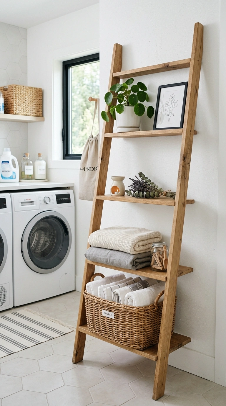 008 Ladder Shelf Display A freestanding wood ladder sh