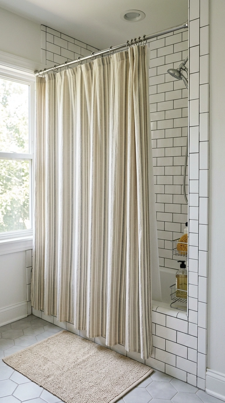 21 Affordable Bathroom Decor Ideas With Plenty of Style 9 008 Patterned Shower Curtain A bathroom shower area wi