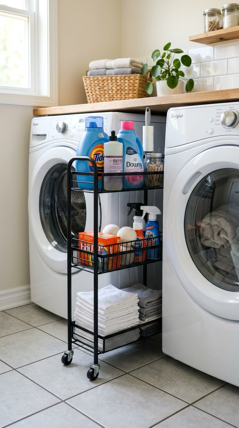 20 Laundry Room Ideas for Smarter Storage and Easier Laundry Days 9 008 Rolling Cart Storage A narrow black metal rolling