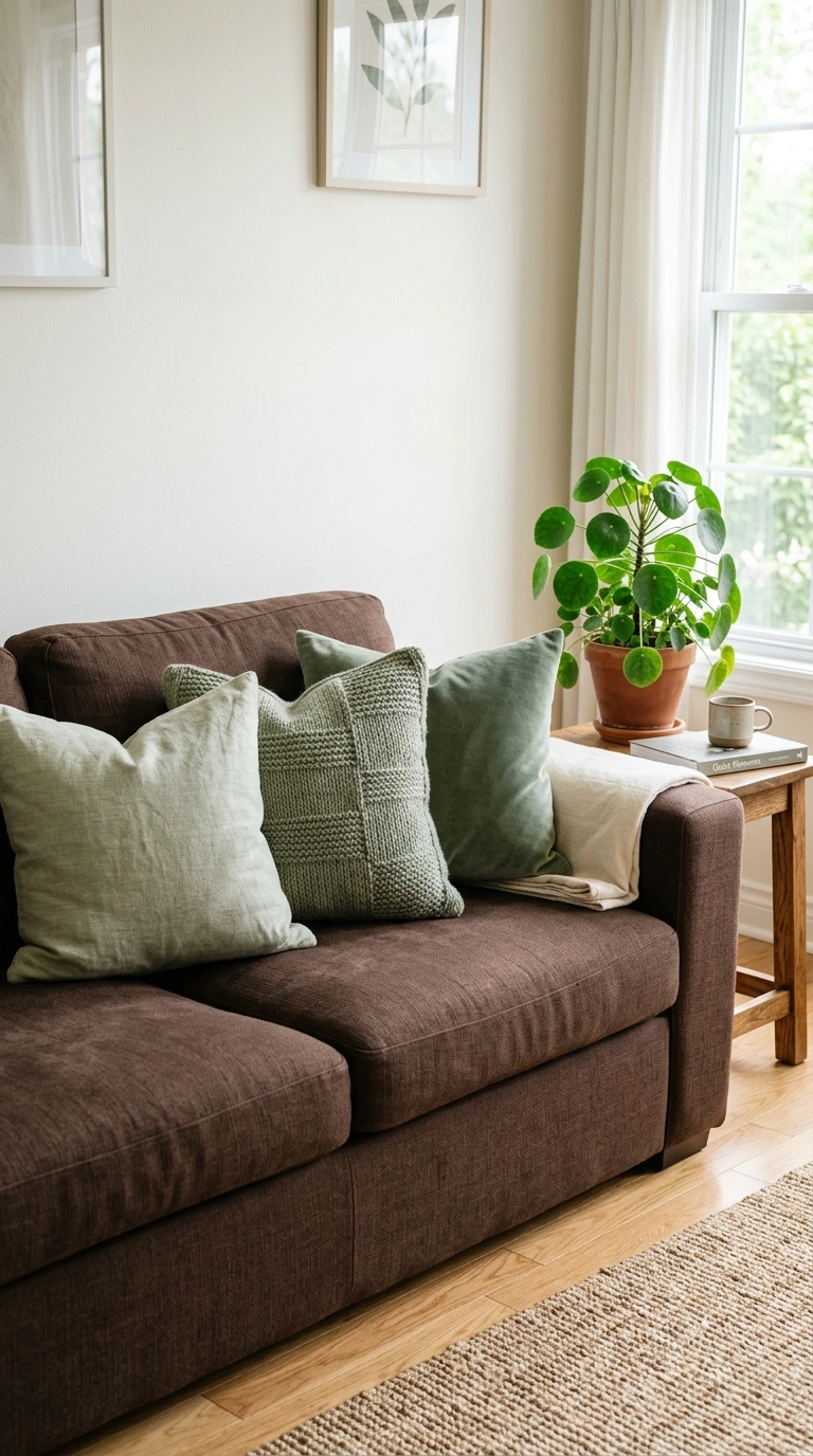 008 Sage Green Pillows A chocolate brown couch styled