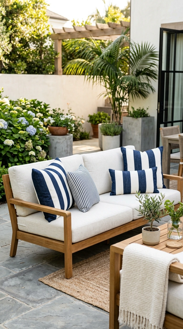 19 Outdoor Decor Ideas Everyone Is Saving Right Now 9 008 Striped Outdoor Pillows A patio sofa with white cu