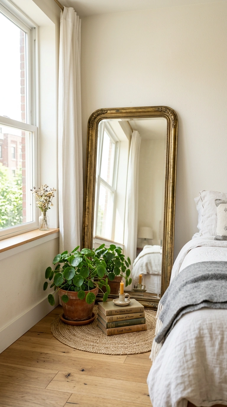 008 Vintage Mirror Corner A bedroom corner with a larg