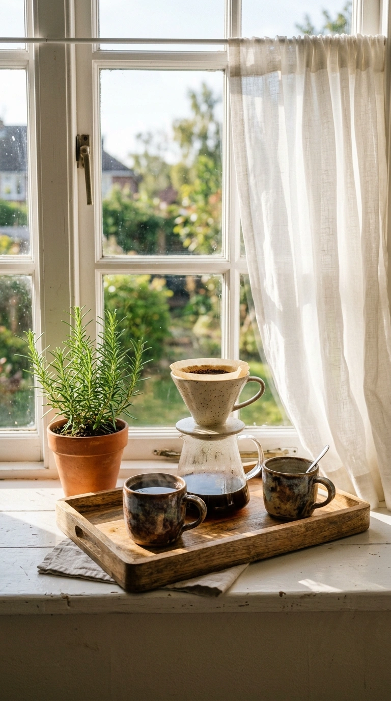 Turn a Small Corner Into a Coffee Bar With These 19 DIY Ideas 9 008 Windowsill Coffee Spot A deep white kitchen window