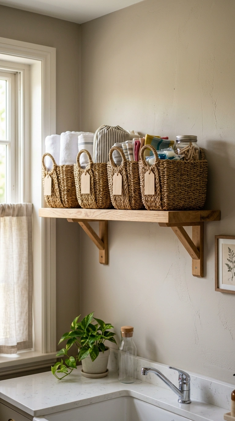 20 Laundry Room Ideas for Smarter Storage and Easier Laundry Days 10 009 Basket Wall Shelf A sturdy wood shelf holding four